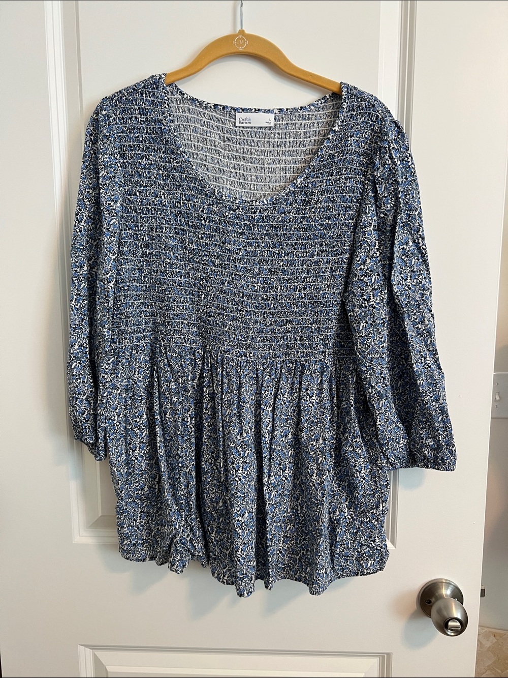 Croft & Barrow Women’s Large Blue Floral Smocked Peplum 3/4 Sleeve Blouse